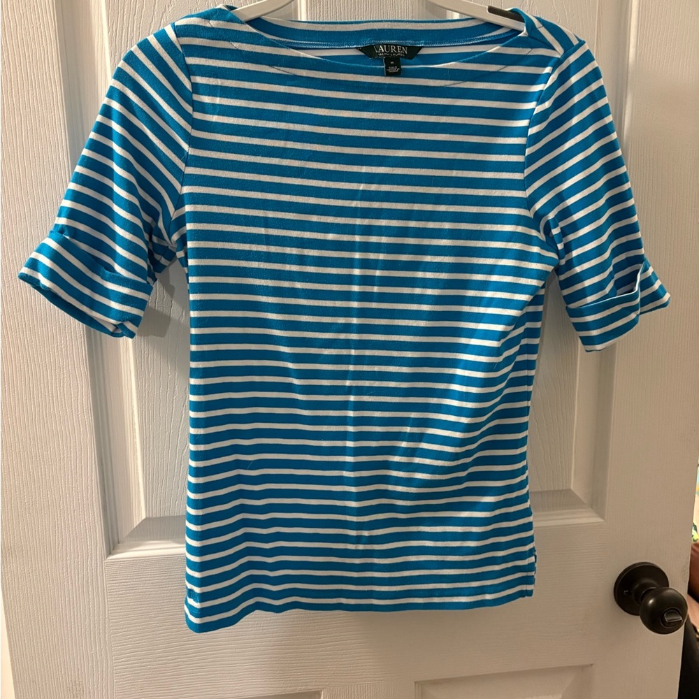 Ralph Lauren Turquoise and White Striped Tee